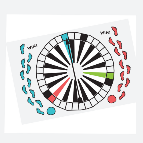 The Sock Game spinner board with coloured segments, footprint win markers and pointer arrow